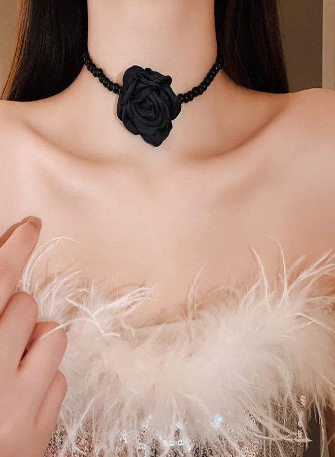 Rannyrena Vintage Pearl Choker Necklace with Flower Dainty Handmade Floral Collar Necklace Imitation Elegant Pearl Jewelry Bridal Wedding Accessory for Women (Black) - Image 4